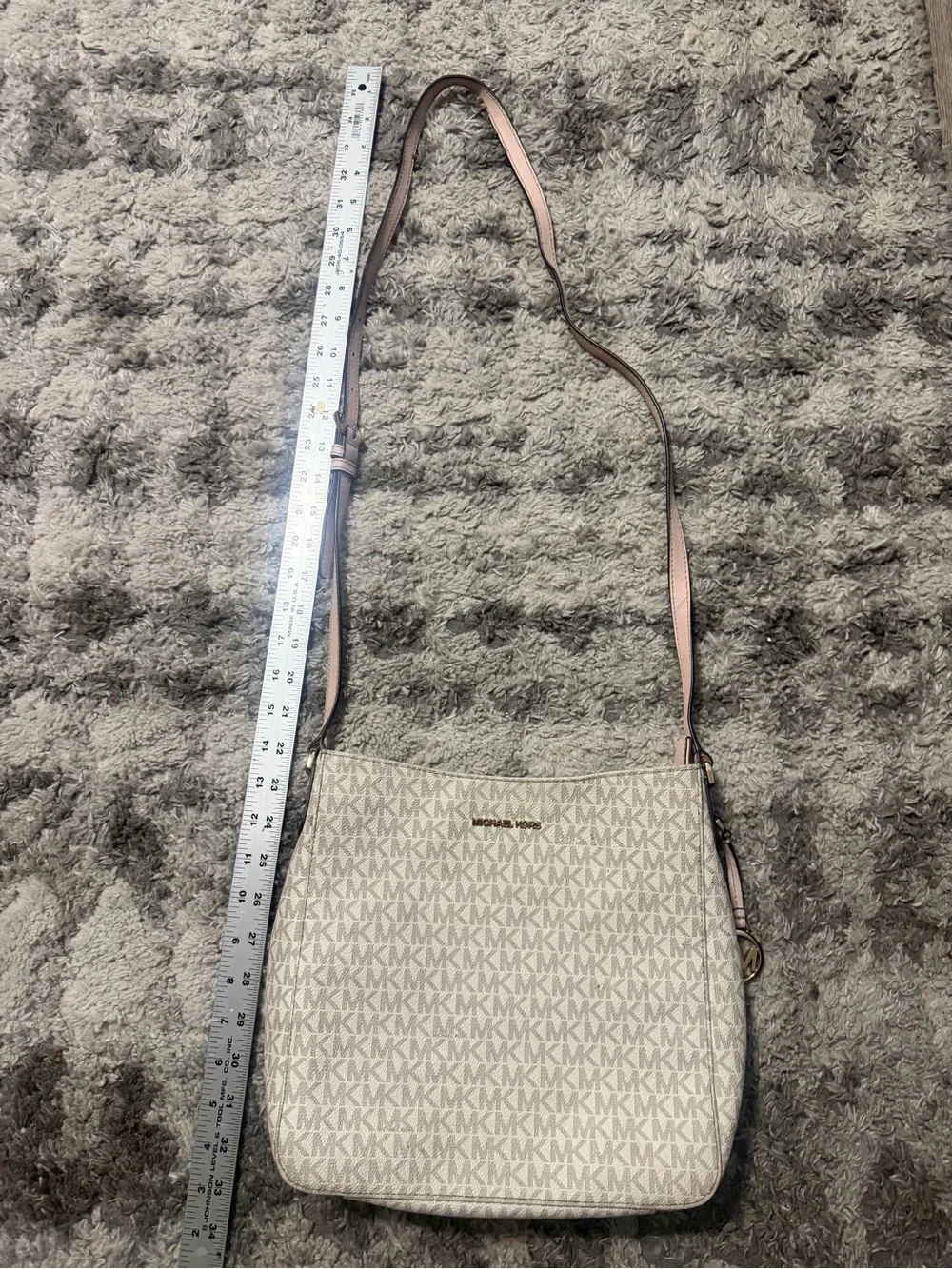 Michael Kors Jet Set Signature Crossbody Bag Vanilla MK Logo Pink Trim